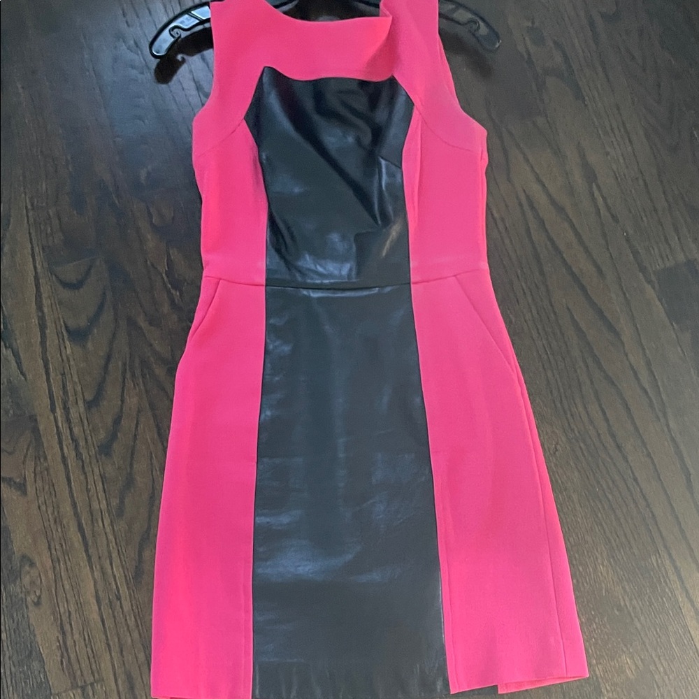 Milly Hot Pink and Black Leather Shift Dress